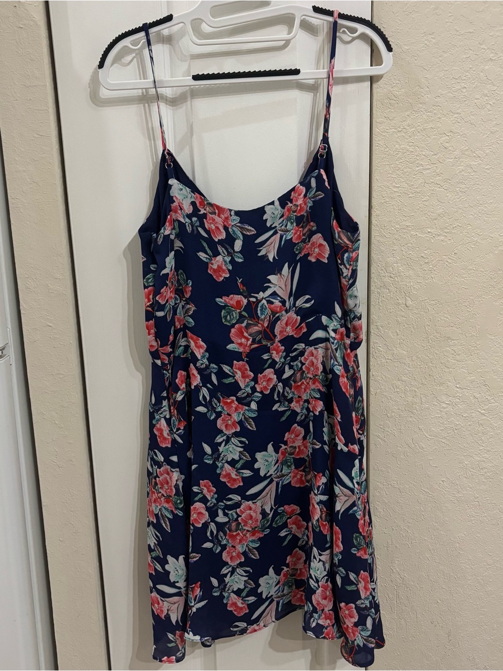 Parker NY Navy Blue Floral Faux Wrap Mini Dress - Size Large - Picture 2 of 6